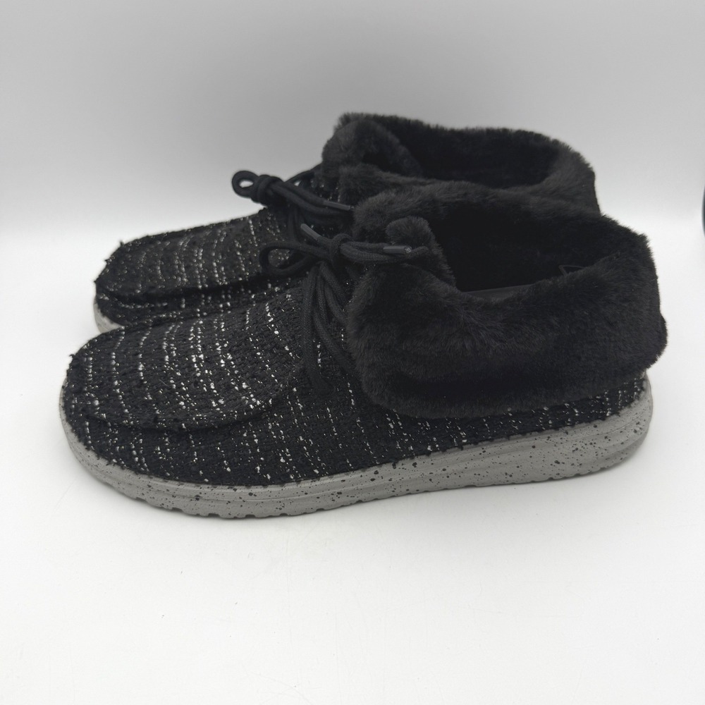 Hey Dude Britt Boucle Boot Women Size 6 Black Faux Fur Lined Moccasin Metallic